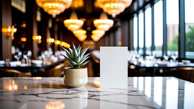 Blank table tent mockup on restaurant dining table with elegant interior background