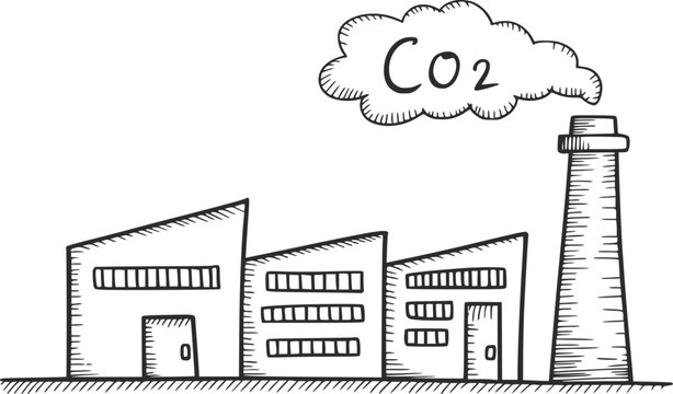 産業汚染を象徴する、高い煙突からCO2の煙を排出する工場の手描き