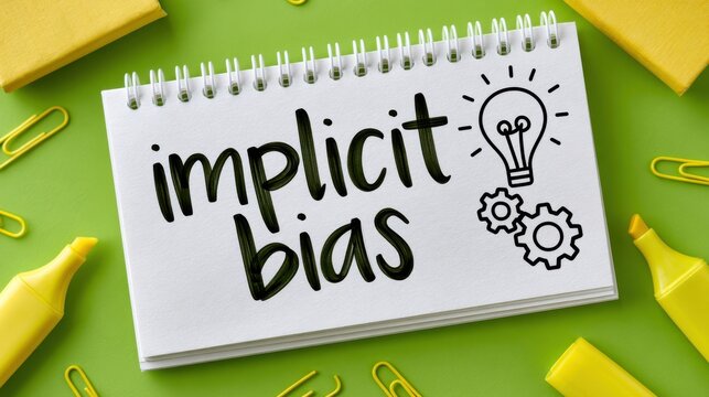 A notepad with the words implicit bias written on it with a lightbulb icon. Conceptual image for equality training.