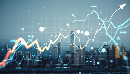 Rising financial chart lines with upward arrow and trading data over city skyline at dusk illustrating stock market growth and investment analytics. © Who is Danny