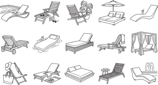 Beach lounge chair and pool sunbed line art icon set summer resort vacation outdoor furniture collection isolated on white background vector