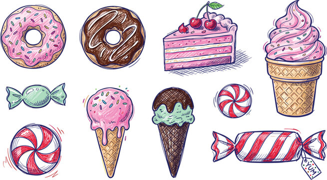 Hand drawn sketch dessert vector icon set featuring colorful donuts cake slice soft serve ice cream cone and wrapped peppermint candy illustrations