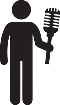 Black and white vector icon of a stick figure holding a vintage microphone for singing or public speaking