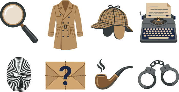 Vintage detective and investigator vector icon set featuring magnifying glass trench coat deerstalker hat typewriter fingerprint mystery letter pipe and handcuffs