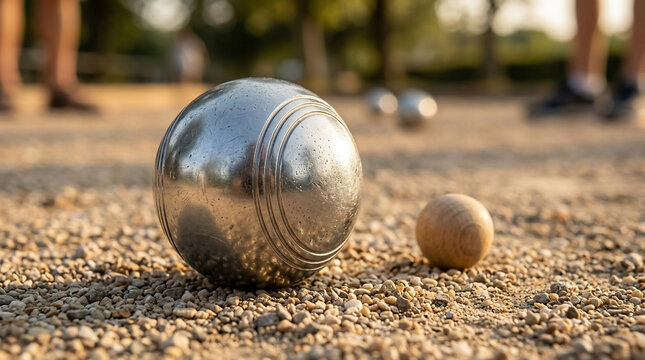 Close up shot of a shiny metallic bocce ball and wooden jack ball on a gravel surface with people playing in the background