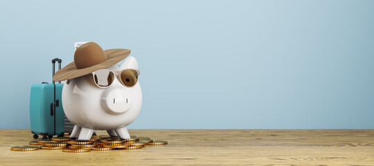 Fototapeta na wymiar Vacation savings concept with white piggy bank in straw hat and sunglasses, turquoise suitcase and gold coins on wooden table against blue wall. 3D Rendering