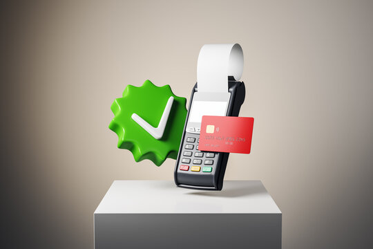 Payment terminal with printed receipt, red credit card and green check mark on white pedestal showing successful cashless transaction and approval. 3D Rendering