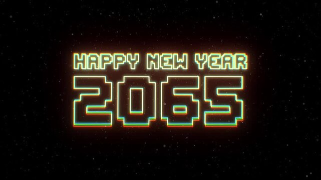 Happy New Year 2065 Neon text with retro style