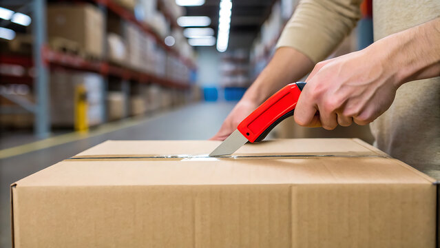 Worker cutting open cardboard box with utility knife. Warehouse employee unpacking shipping carton using sharp blade. Logistics professional handli...