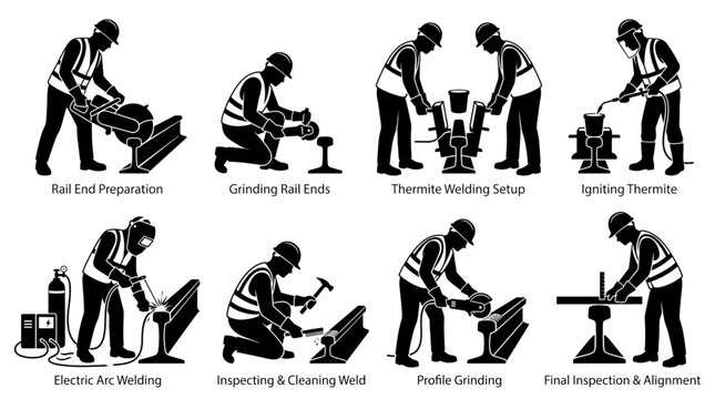 Rail Welders Silhouette Set Thermite Rail Welding Maintenance Vector Collection