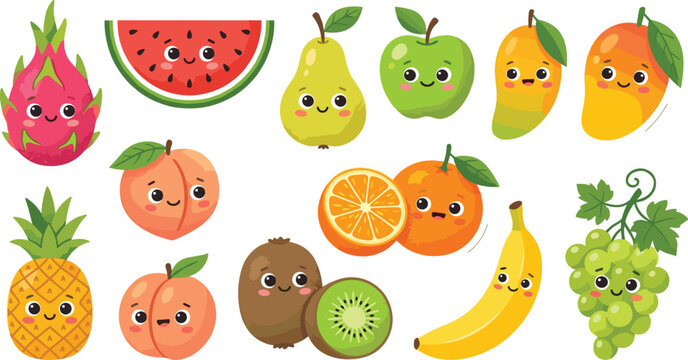 Cute kawaii cartoon fruit vector element set featuring smiling watermelon dragonfruit apple mango orange pear peach kiwi banana pineapple and grapes characters
