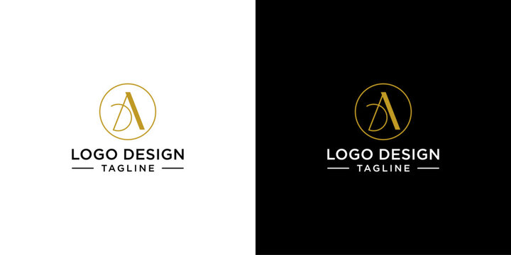 Letter A logo design featuring a luxurious gold monogram inside a circle presented on split white and black backgrounds.