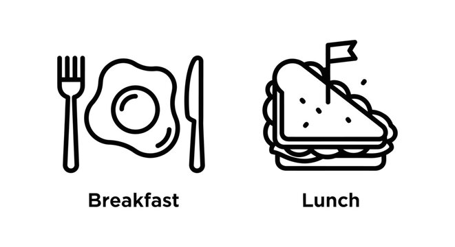 Minimalist food icons representing breakfast and lunch meals with a fried egg and a sandwich breakfast sandwich minimalist restaurant nutrition culinary illustration isolated