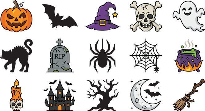 Cute halloween element color icon set spooky vector illustrations collection including pumpkin skull crossbones ghost haunted castle and cauldron