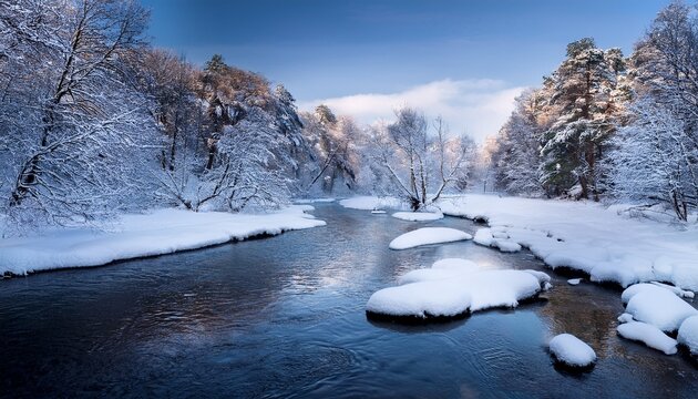 Winter River With Clifs In The Forest In The Snow