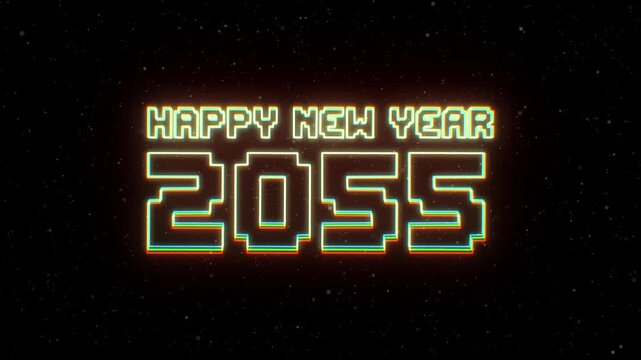 Happy New Year 2055 Neon text with retro style