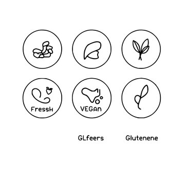 Dietary label icons set with six circular icons arranged in a 3x2 grid featuring sugar-free, fresh, lactose-free, vegan, GMO-free and gluten-free with black and white line art and flat design