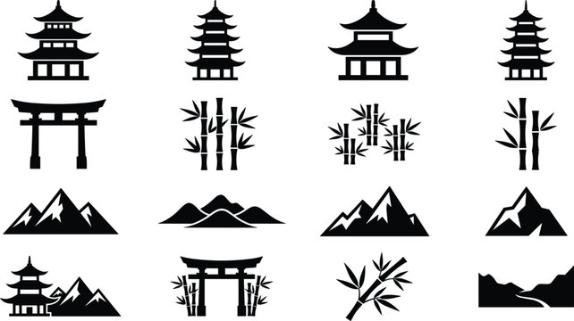 Traditional Asian Culture Black Silhouette Icon Set Featuring Pagoda Temples Torii Gates Bamboo Stalks and Mountain Landscapes for Graphic DesignsTraditional Asian Culture Black Silhouette Icon Set Fe