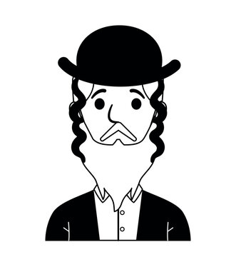 Linear vector portrait illustration of a traditional orthodox jewish man with payot sidecurls and a hat, isolated icon.