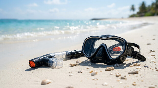 A snorkel and mask lie on a pristine white sandy beach with turquoise ocean waves gently lapping the shore, evoking a sense of tropical paradise and adventure
