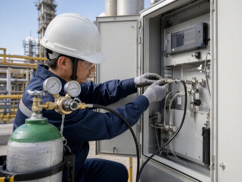 Technician connecting calibration gas cylinder to industrial emissions monitoring system at refinery. Specialist servicing flue gas analyzer cabinet for environment compliance testing.