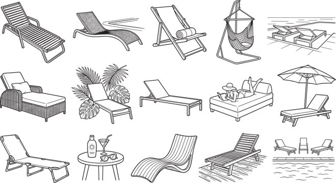 Beach deck chair and pool lounger line art icon set summer resort vacation outdoor furniture collection isolated on white background vector