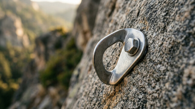 Climbing Bolt Hanger Fixed in Rock Wall for Safety of Climbers on a Mountain Cliff