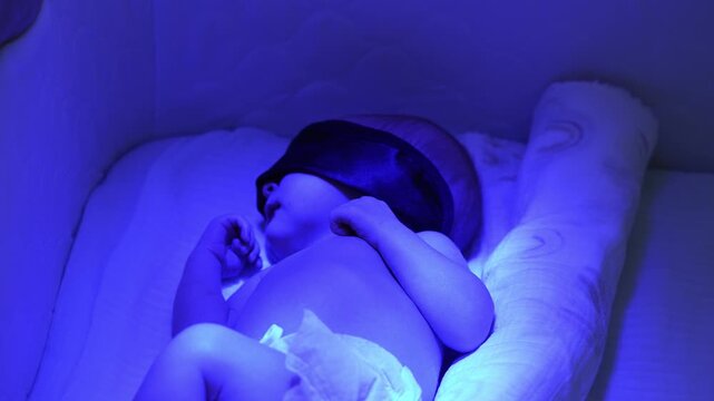 Neonatal care for hyperbilirubinemia, a newborn infant with jaundice sleeps under an intense blue ultraviolet light for phototherapy treatment, wearing protective eye covering
