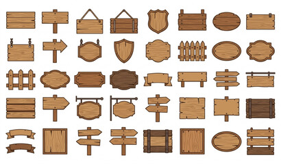 Rustic Wooden Signboard Collection with Blank Banner and Direction Sign Templates Flat Vector Set © joy