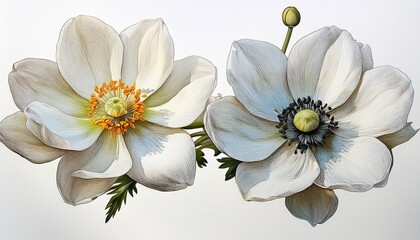 Naklejka premium Two Anemone White Flowers Isolated On White Background