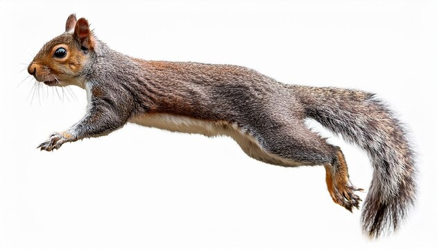 Jumping Grey Brown Squirrel Isolated On White Or Transparent Background