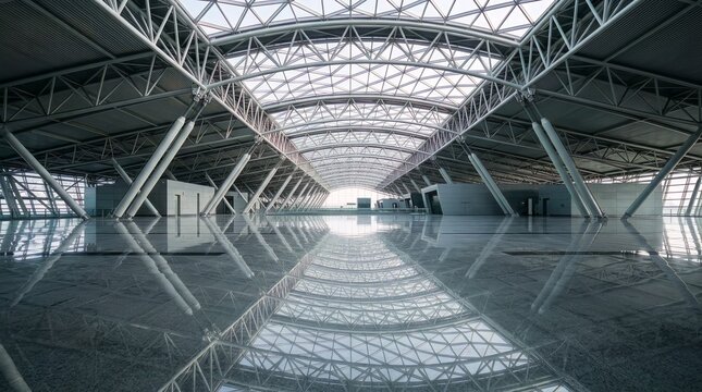 Modern Airport Hall with Metallic Dome Reflection