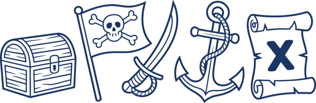 Pirate treasure set with chest flag anchor and map scroll