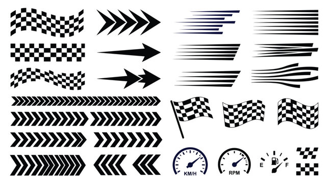 Racing speed elements set, checkered flags and motion lines vector, automotive speedometer and fast arrows collection for sports design