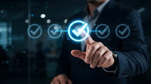 Business professional selecting checkmarks on a digital interface