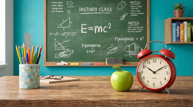 Back to school science classroom with chalkboard equations. Educational physics lesson featuring Einstein's E=mc&sup2; formula. STEM learning environmen...