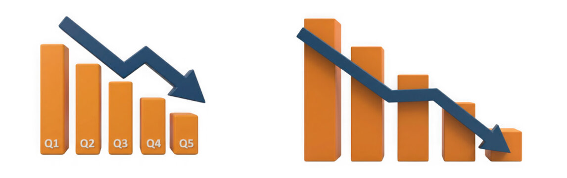 3d render of a bar chart showing a downward trend with a blue arrow isolated on transparent background