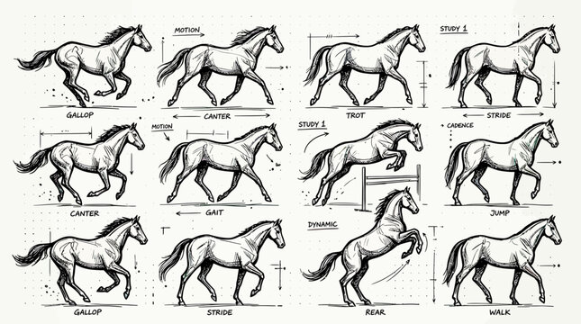 Equine movement study featuring various horse gaits and poses