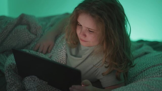 Child watching tablet at night. Child using tablet in bed. Child focused on glowing screen. Child relaxing with digital device.
