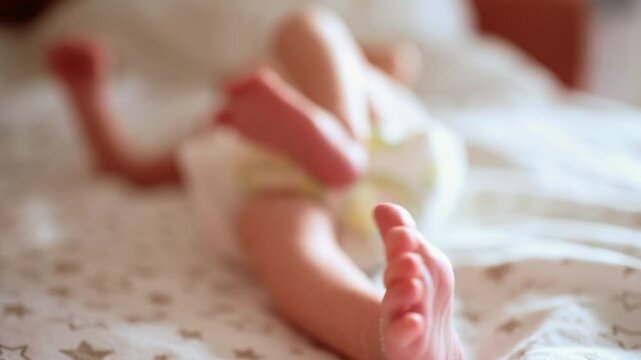 Close up focus on a cute newborn infant's tiny feet kicking and wiggling in the morning light, the happy baby lying on a comfortable bed wearing a diaper and enjoying a moment