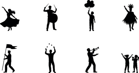 Carnival and Parade Silhouette Vector Set Featuring Performers Dancers Musicians and Kids Isolated on White © Mst Fensi