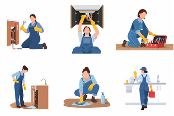 Fototapeta premium Professional Female Plumber Character Set Repairing Kitchen Sink and Fixing Leaks Illustration