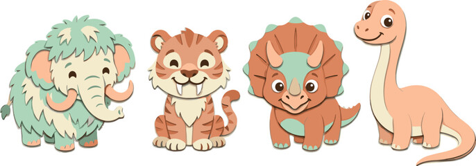 Cute Baby Prehistoric Animals Set, Mammoth Saber Tooth Tiger Triceratops Brontosaurus Vector Cartoon Illustration for Kids Design © MdJillur