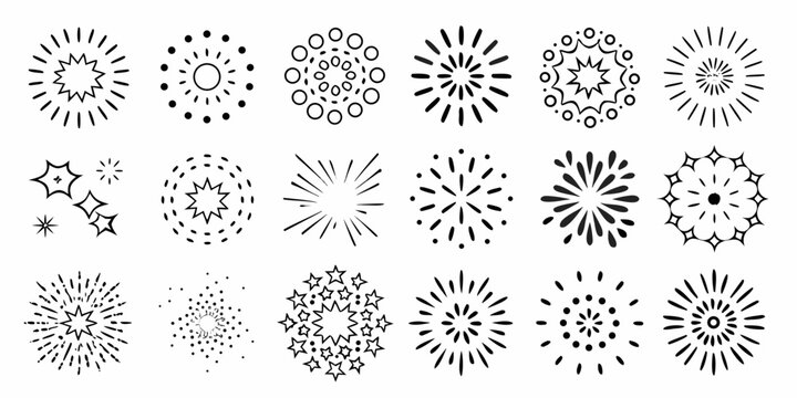 Fireworks Display Set Black Line Art Vector Illustration