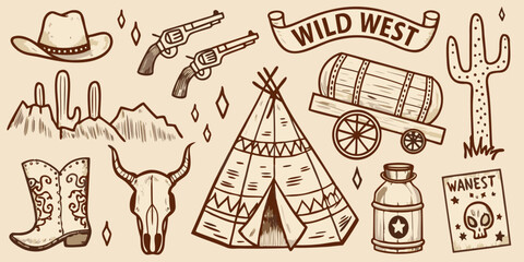Wild West Elements Vector Illustration With Cowboy Hat Revolver And Bull Skull © Minati