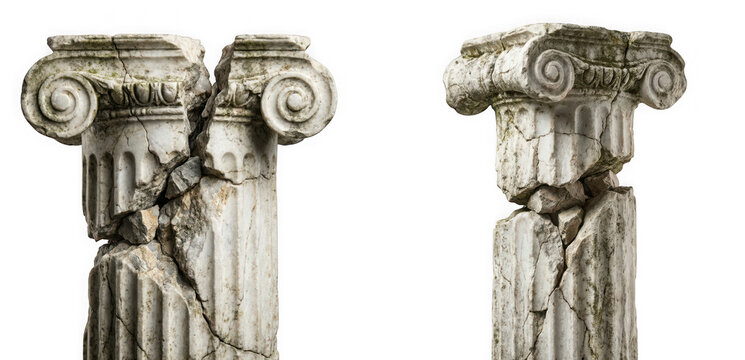 Two broken ancient marble columns isolated on transparent background