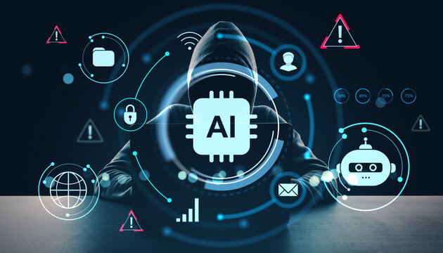 Anonymous hacker in hoodie behind glowing AI chip interface with warning and security icons on dark background showing artificial intelligence cyber threat.