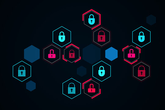 Cyber security concept with glowing padlock icons in hexagon cells on dark blue background showing data encryption and privacy protection. 3D Rendering