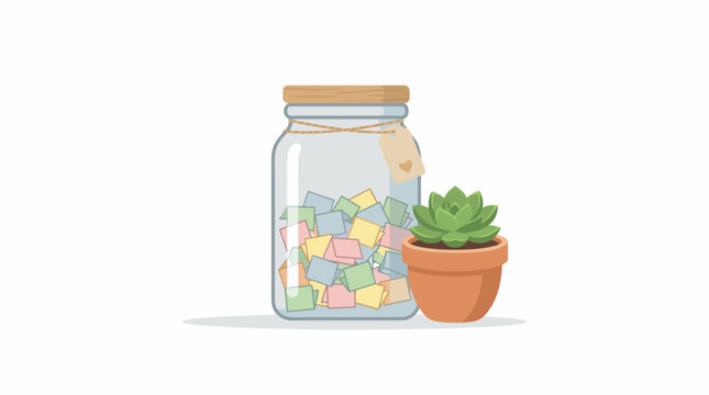 Glass jar filled with colorful memory notes next to a small potted succulent plant. Vector illustration of gratitude jar, memory saving, mindfulness, and self care.