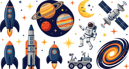 Space Exploration Elements Set, Rocket Planet Astronaut Satellite Galaxy Moon Rover Vector Illustration for Kids Science Design © MdJillur